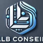 DALL·E 2025-01-29 16.01.40 - A modern and futuristic logo for 'LLB Conseil' featuring an abstract symbol. The design should be sleek and professional, using a blue and white color
